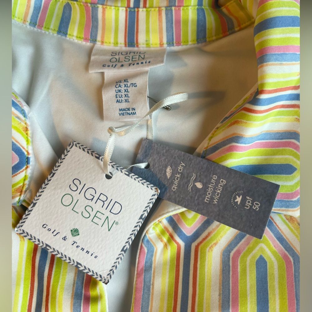 NWT Sigrid Olsen Womens Golf Polo Shirt Racerback Geometric Print Yellow XL - Picture 5 of 8